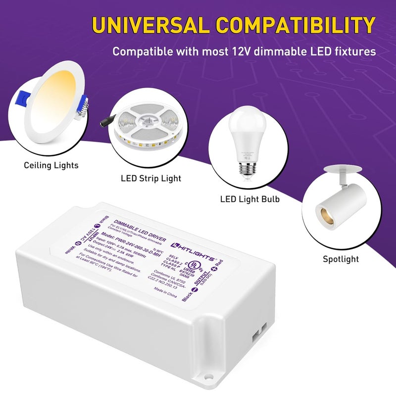 HitLights 60W Dimmable LED Driver, Electronic Transformer, 120V AC to 24V DC Power Supply for LED Strip Light, Low Voltage Lighting Project, Compatible with Lutron Leviton Dimmers, UL Listed, Class 2 - Image 3
